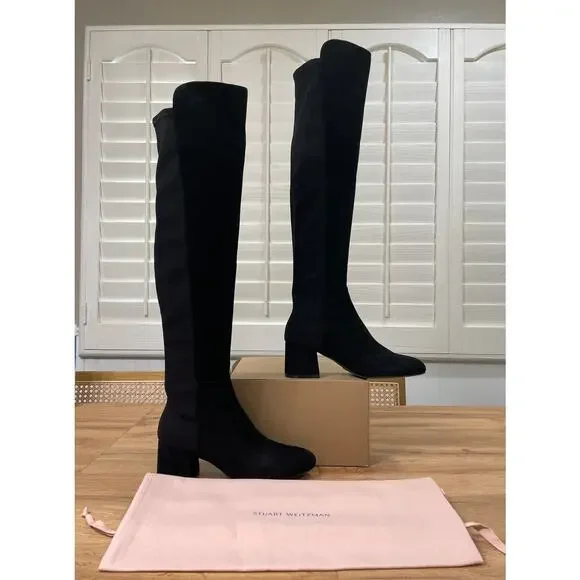 Stuart Weitzman 5050 Block Stretch Suede Over-The-Knee Black Boots Size 8 NWOB - Picture 4 of 12
